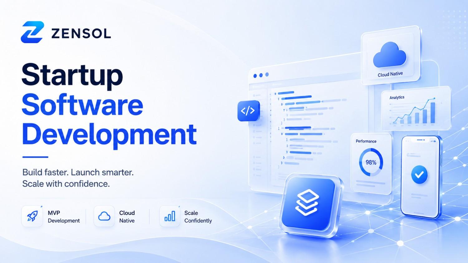 Software development for startups by Zensol, focused on MVP creation, cloud solutions, and scalable growth.